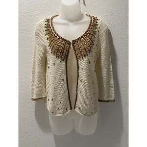 VTG Just B Cardigan Sz S Women's Ivory Wooden Beaded Loose Knit NWOT
